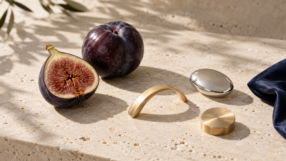 Fig, plum, gold and silver sculptural forms with a navy silk accent on warm limestone.