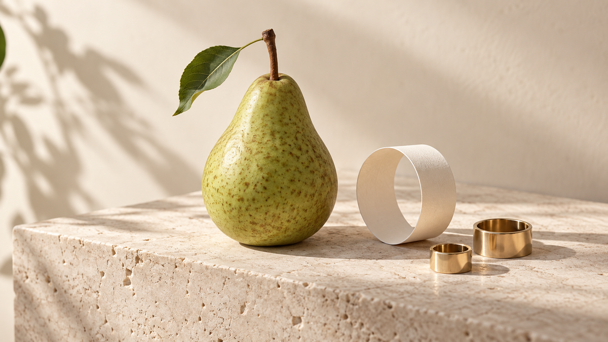 Green pear, golden circular styling props and a loop of ivory paper on pale stone in soft sunlight.