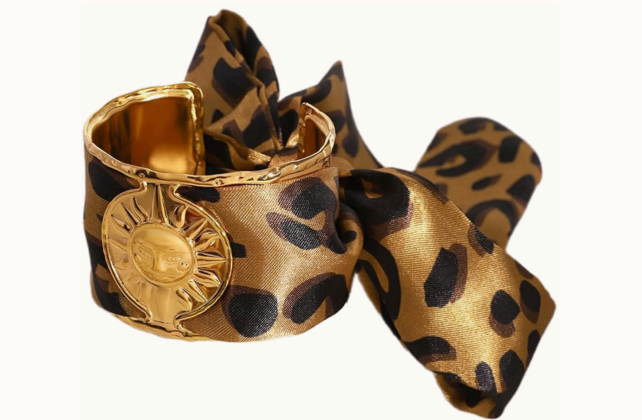 Golden Hour cuff styled with a leopard print silk scarf