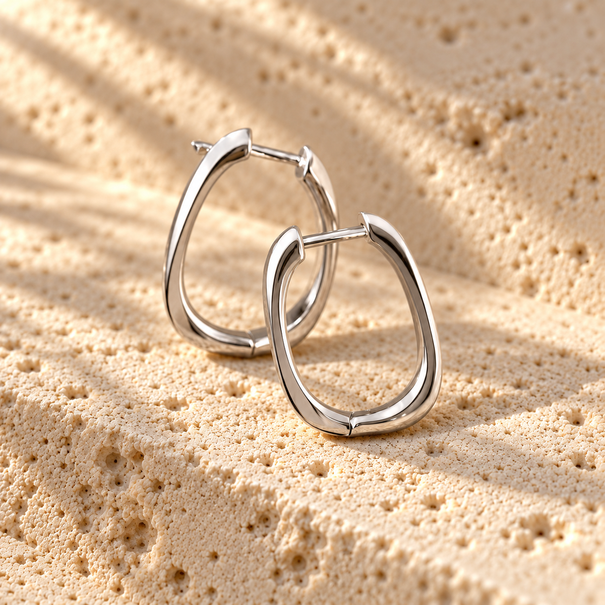 Square Deal macro close-up: sterling silver squared hoops with soft corners and hinged snap