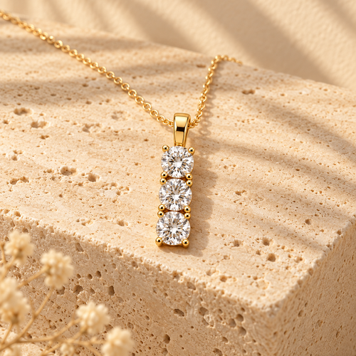 Triple Threat pendant resting on travertine, angled view of the three prong-set stones