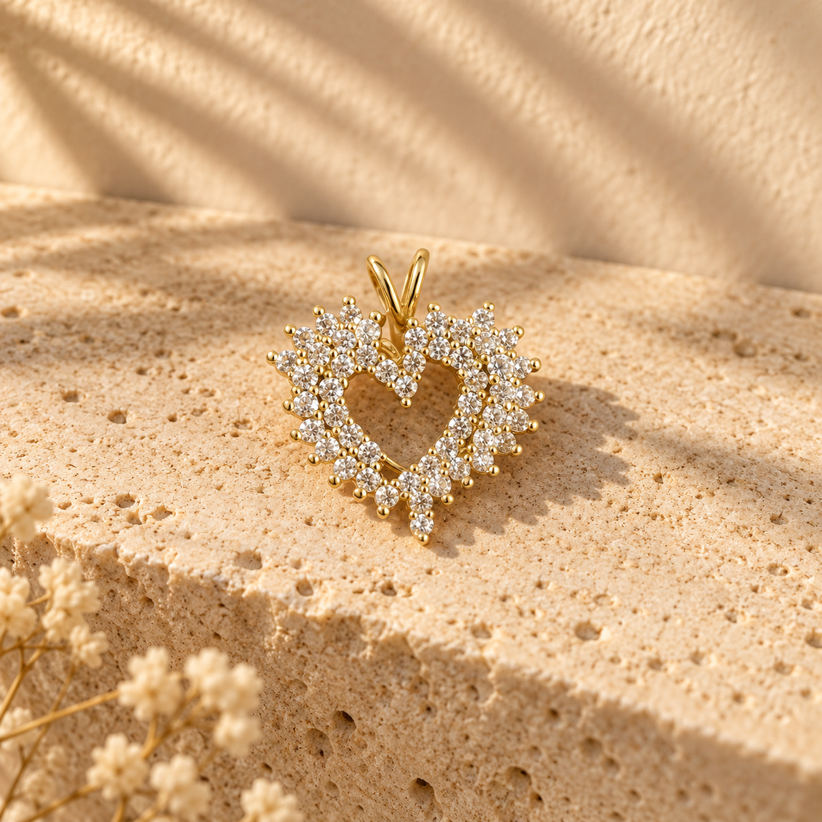 Open Offer Double Row gold open-heart pendant on a travertine ledge