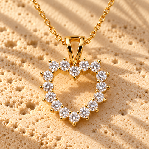 Open Offer Single Row macro close-up: prong-set clear stones outlining the open gold heart