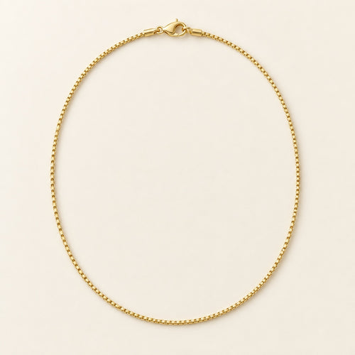 Bar None gold box chain necklace shown flat with lobster clasp