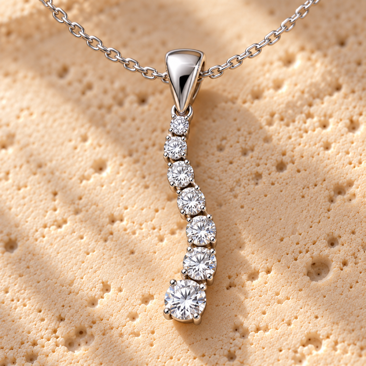 Learning Curve pendant macro close-up: seven graduated round stones in prong settings along the curve
