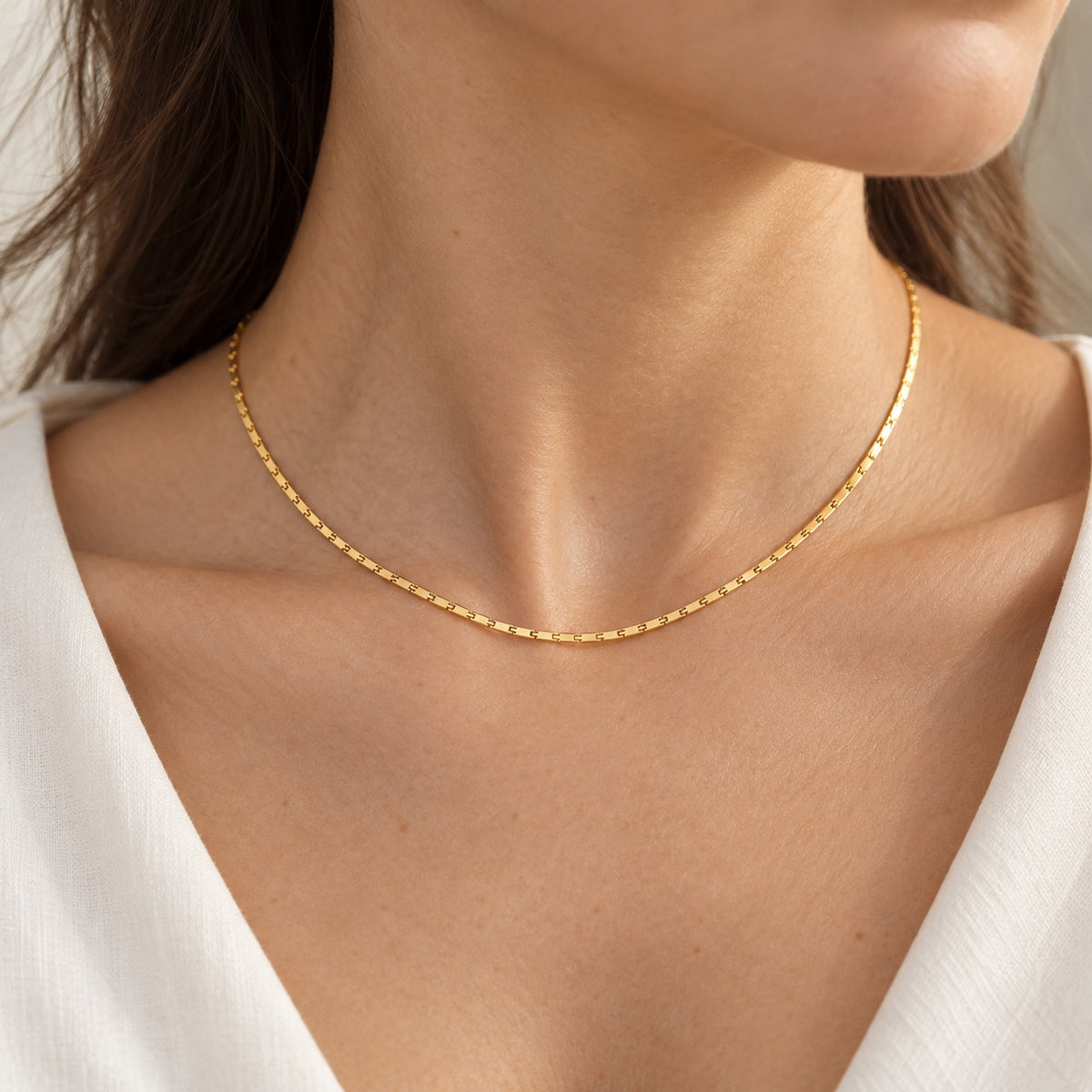 Thin Margin fine 22K gold over S925 sterling silver necklace worn on the neck