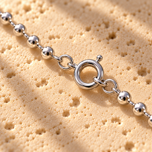 Bar None bead chain macro close-up: polished sterling silver beads and the spring-ring clasp