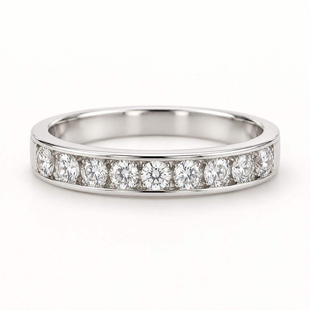 Straight Talk sterling silver half eternity band, front view of the round stones set between two rails