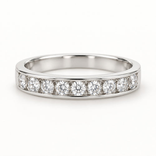 Straight Talk sterling silver half eternity band, front view of the round stones set between two rails