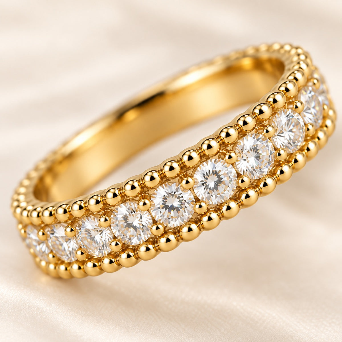 White Tie gold beaded band, angled view showing the double bead edge