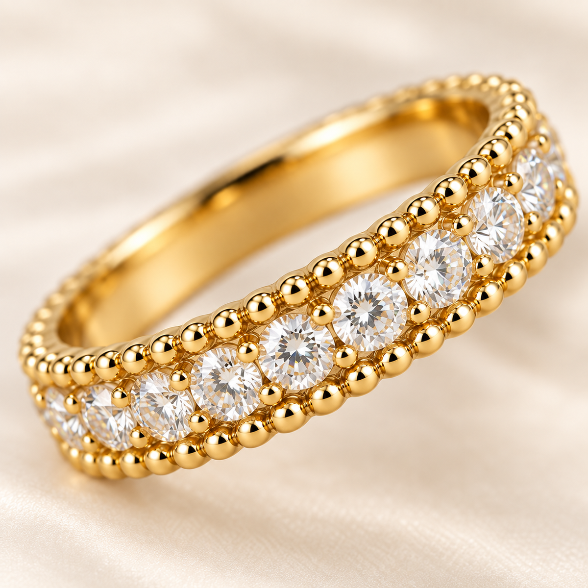 White Tie band, angled view of the prong-set stones and double beaded edge