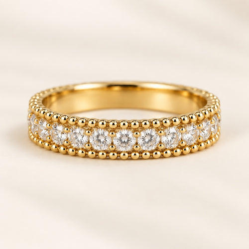 White Tie gold beaded band set with a row of clear cubic zirconia