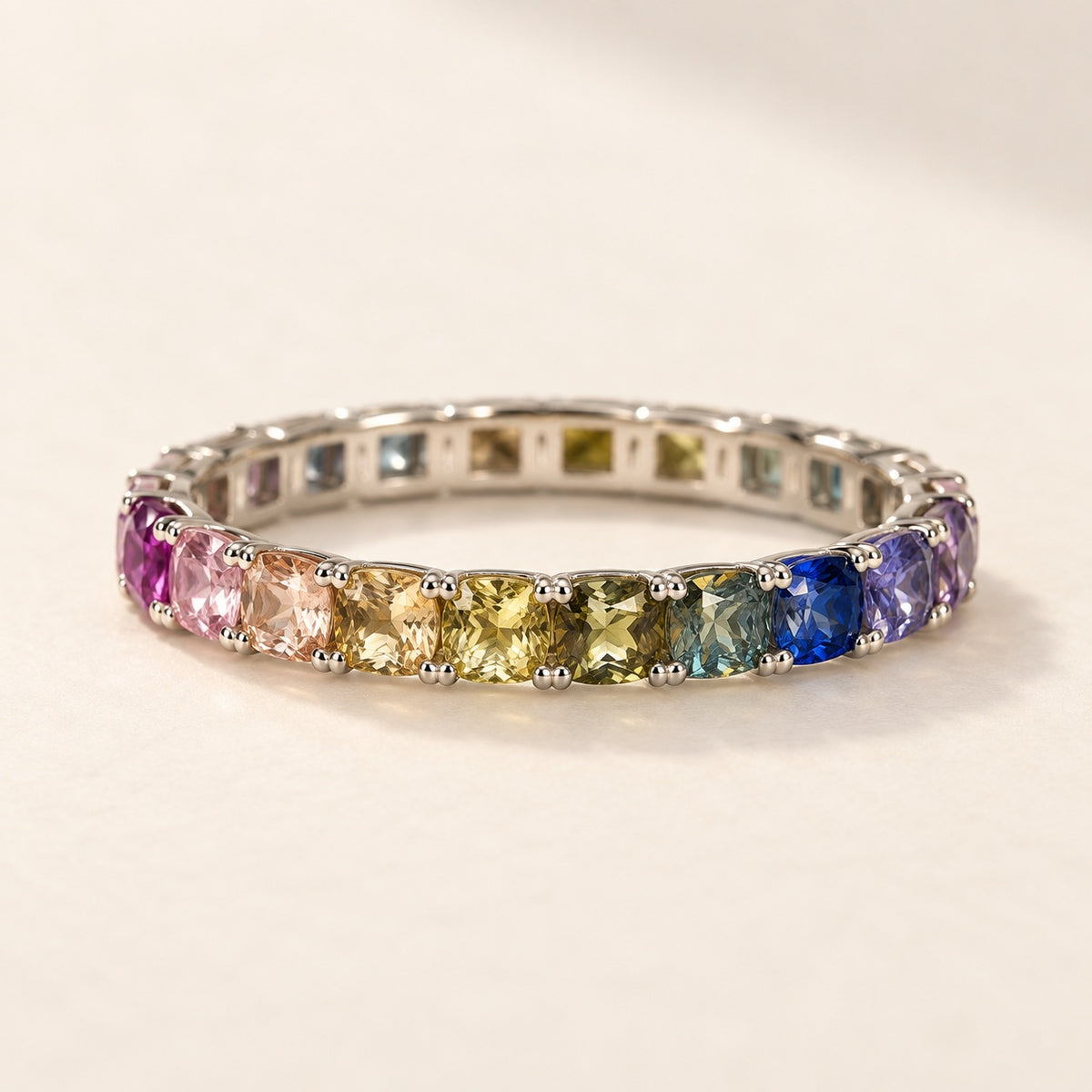Full Spectrum eternity ring showing the graduated rainbow stones around the full circle