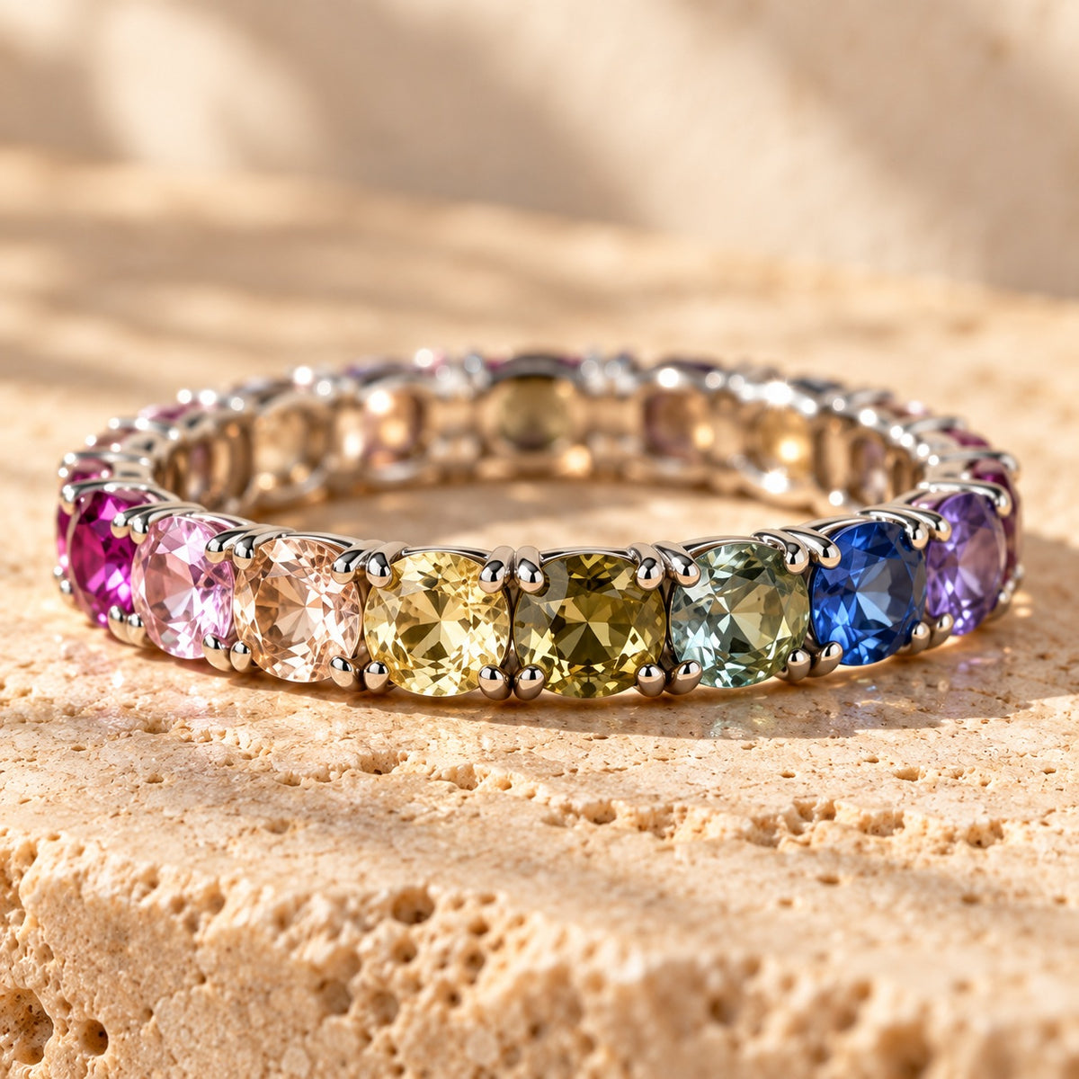 Full Spectrum eternity ring macro showing the cushion-cut rainbow stones and prong settings