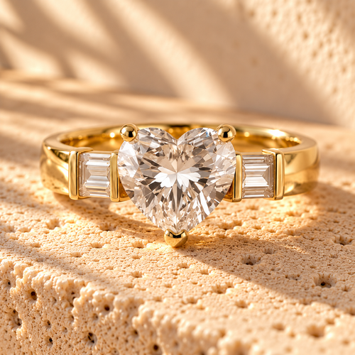 Change of Heart macro close-up: heart-cut centre stone in three gold prongs with a baguette on each side