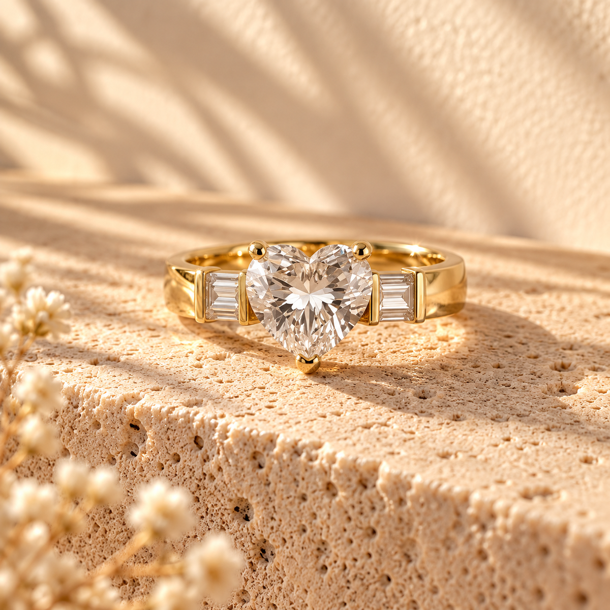 Change of Heart heart-cut gold ring with baguette side stones on a travertine ledge