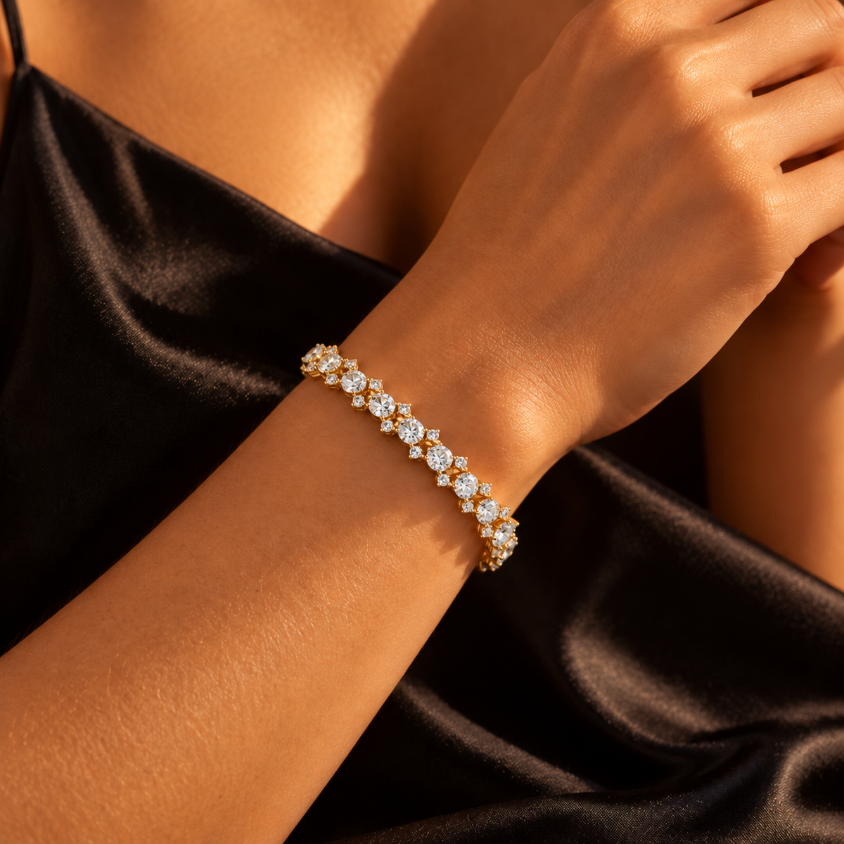 Game, Set, Match round brilliant bracelet worn on wrist at true-to-life scale
