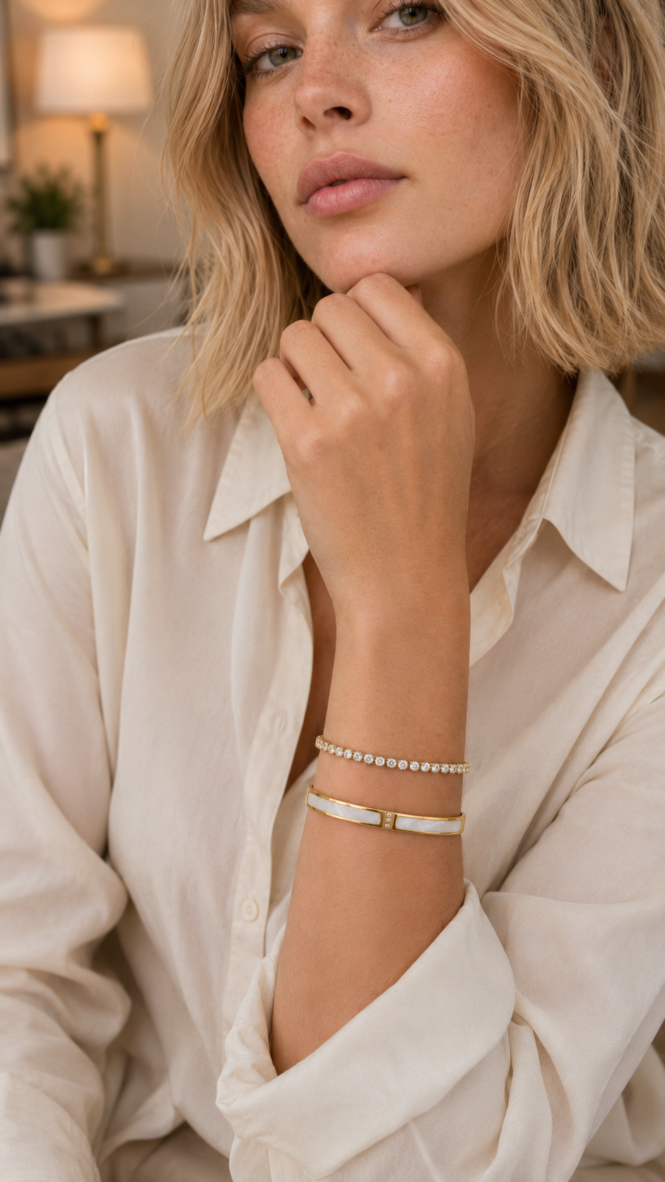 Mother Knows Best white enamel bangle worn on model