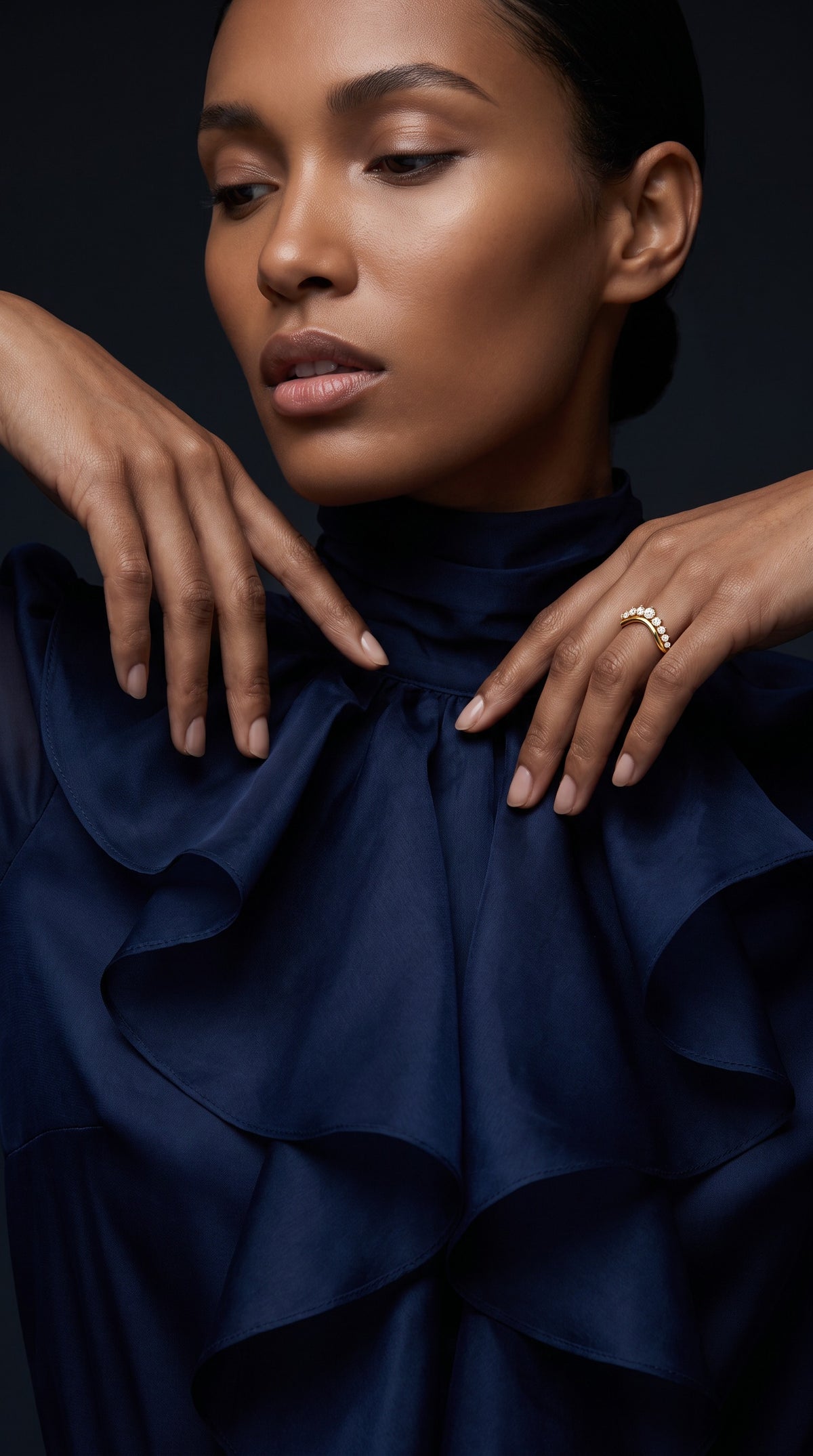 The Open Edit Pave Crown ring worn with a navy ruffled blouse | Boss Up Jewelry