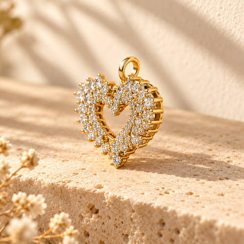 Open Offer Double Row gold open-heart pendant, angled to show the two prong-set rows