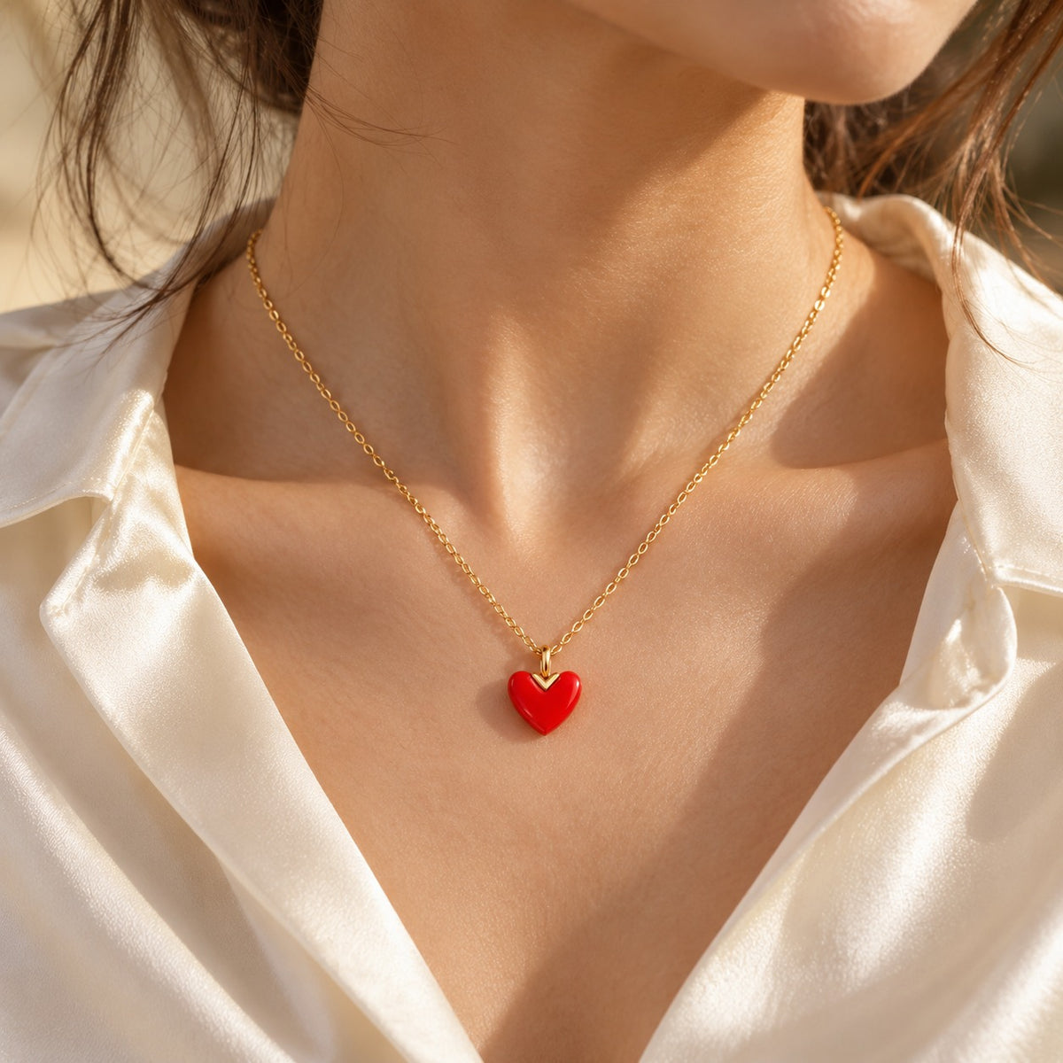 Red Letter Day red heart necklace worn on the collarbone