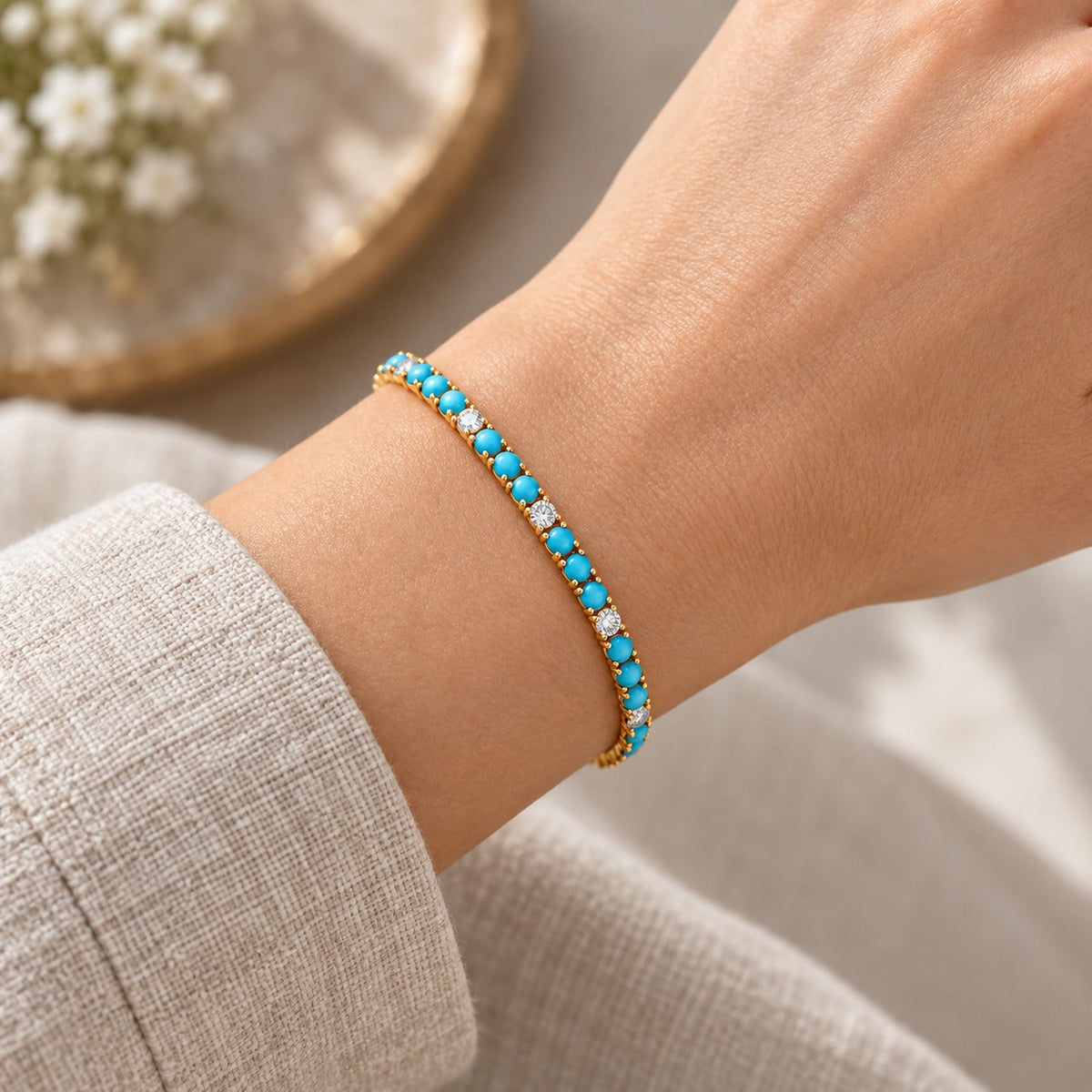 Island Time turquoise tennis bracelet worn on the wrist