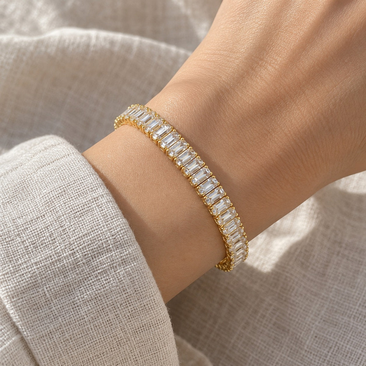 Straight A's baguette bracelet worn on the wrist