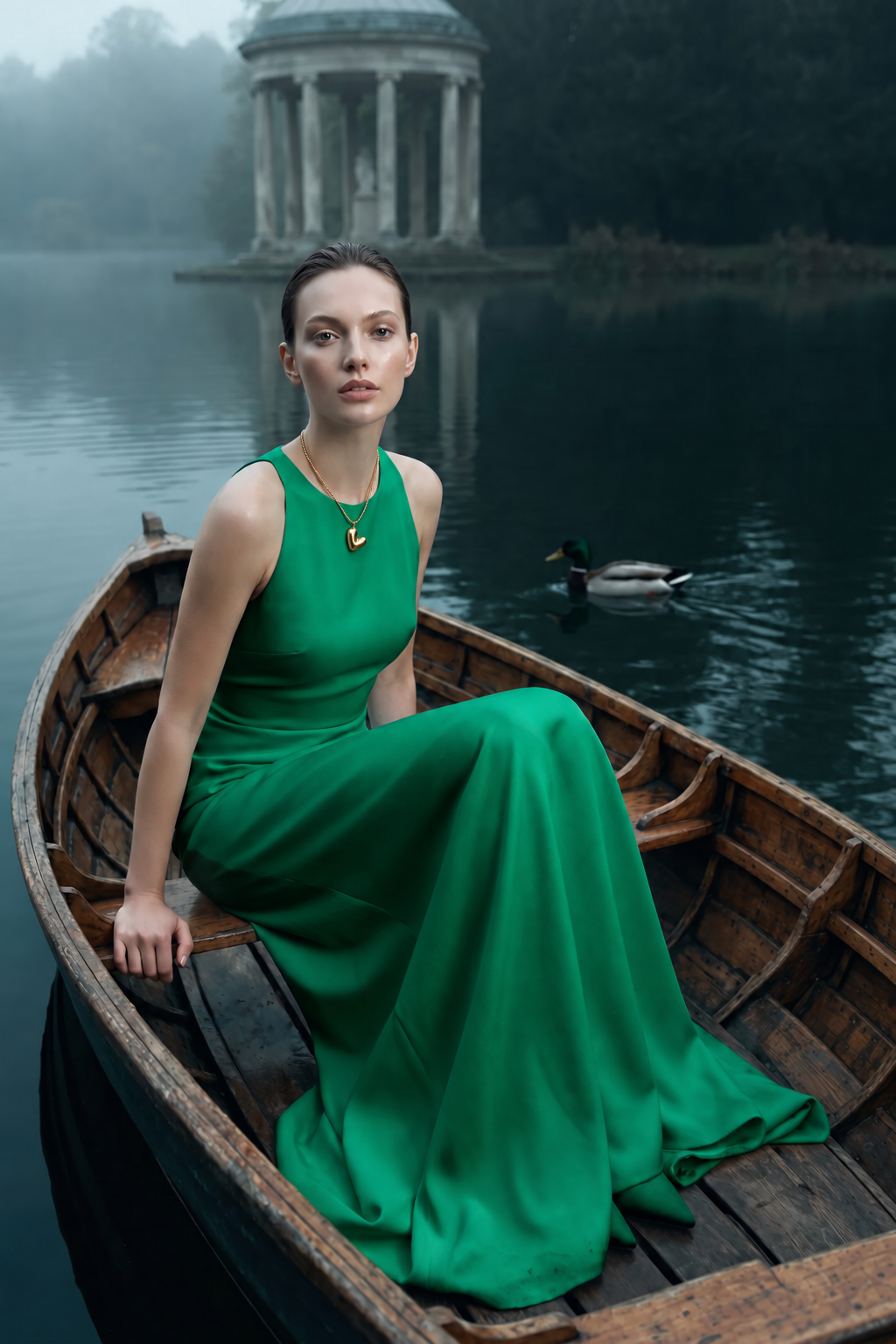 Sweet Nothing – Heart of Gold heart necklace worn with an emerald gown in a rowboat on a misty lake